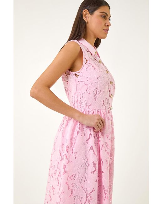 Roman Pink Crochet Lace Shirt Belted Midi Dress
