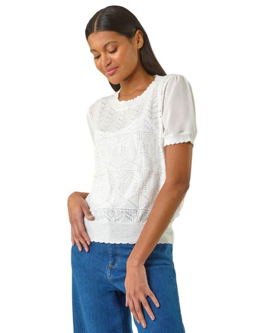 Roman White Pointelle Knit Tee