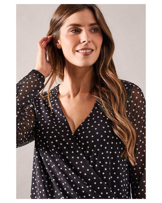 Wallis Black Spot Print Mesh Wrap Top