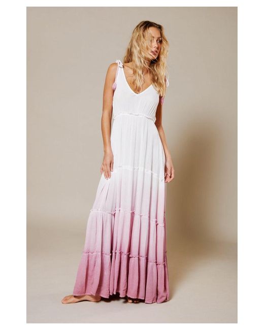 Warehouse Pink Crinkle Viscose Ombre Tiered Tie Maxi Dress
