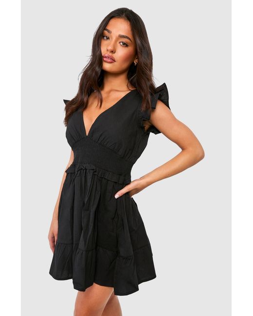 Boohoo Black Petite Cotton Poplin Shirred Waist Mini