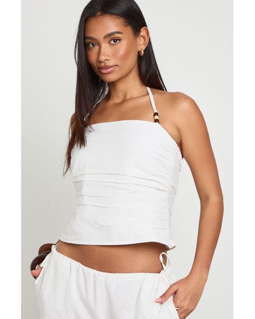 Boohoo White Linen Look Beaded Halter Neck Top