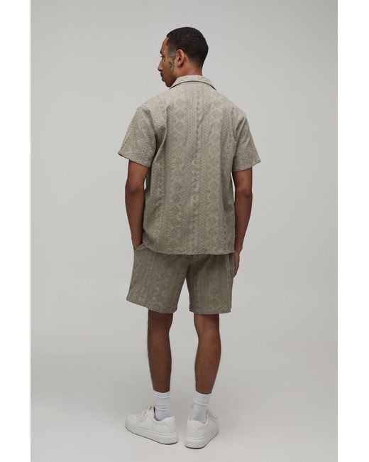 BoohooMAN Green Cotton Embroidered Regular Fit Shirt & Extended Drawcord Relaxed Short Set for men