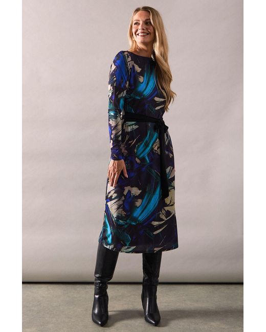 Wallis Blue Tall Brushstroke Print Contrast Belt Jersey Midi Dress