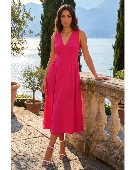 Roman Red Lace Trim V-Neck Midi Dress