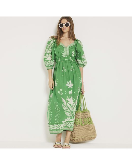 River Island Green Floral Puff Sleeve Swing Maxi Dress | Lyst UK