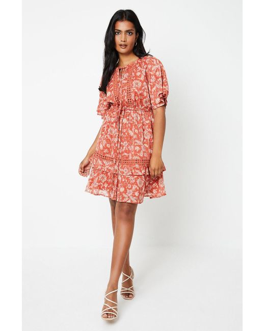 Oasis Red Paisley Dobby Chiffon Trim Insert Skater Dress