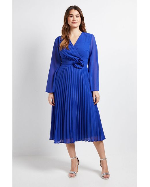 Wallis Blue Cape Sleeve Pleated Corsage Midi Dress
