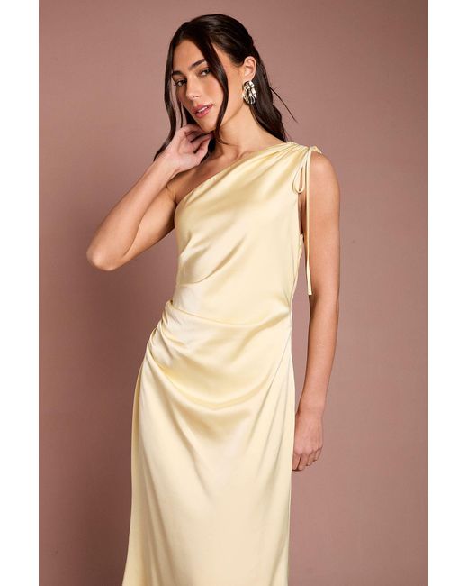 Oasis Natural Butter Ruched Side Detail One Shoulder Satin Maxi Bridesmaid Dress