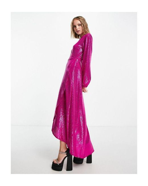 Flounce London Pink Petite Long Sleeve Wrap Maxi Dress