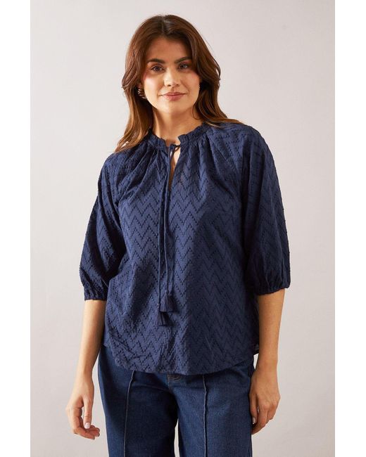 Wallis Blue Broderie Tie Neck Blouse