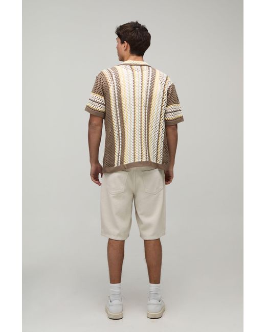 BoohooMAN Gray Relaxed Revere Open Stitch Knit Stripe Shirt for men