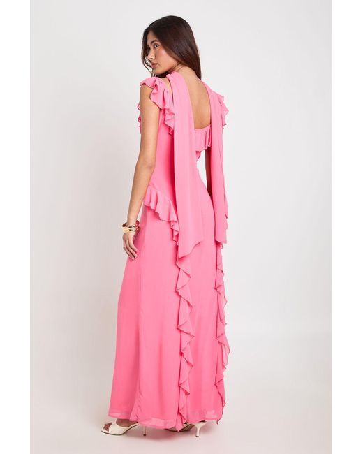 Boohoo Pink Ruffle Detail Maxi Dress With Scarf