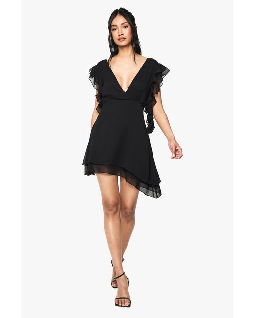 Boohoo Black Chiffon Ruffle Detail Mini Dress