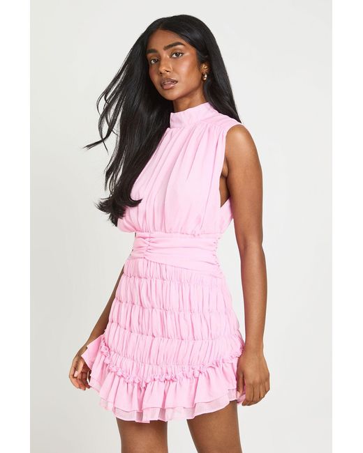 Boohoo Pink Textured Chiffon High Neck Drop Hem Mini Dress