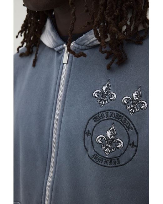 BoohooMAN Black Oversized Boxy Gothic Embroidered Washed Distressed Zip Through Hoodie for men