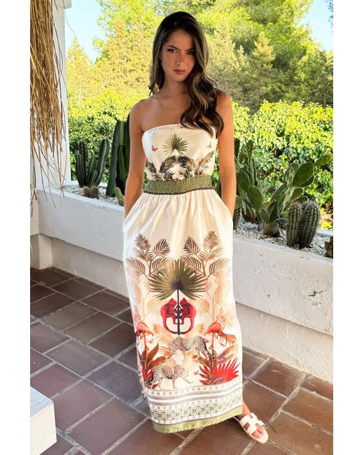 AX Paris Natural Safari Print Strapless Shirred Waist Side Split Midi Dress