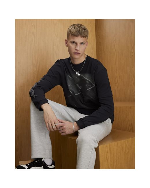 River Island Black T-Shirt Athletisme Dept Double Layered Cotton for men