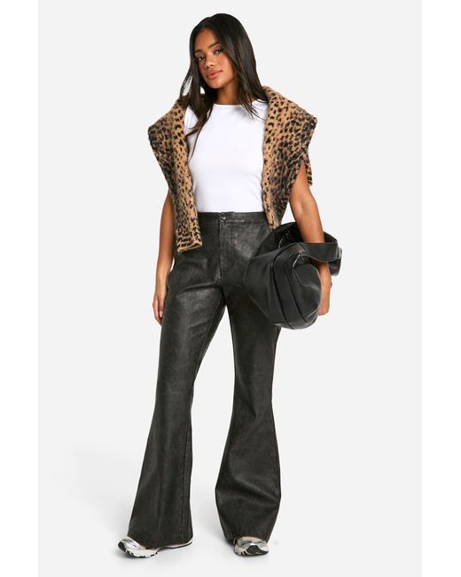 Boohoo Black High Waisted Washed Pu Flare Trouser