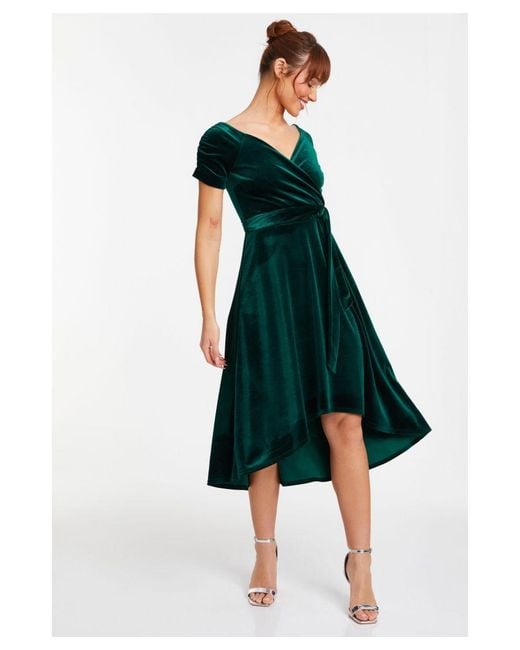 Quiz Bottle Green Velvet Bardot Midi Dress