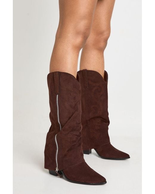 Boohoo Brown Fold Over Zip Detail Knee High Western Boots