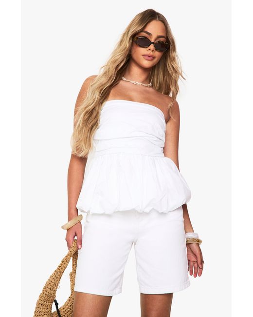 Boohoo White Cotton Poplin Ruched Puffball Top
