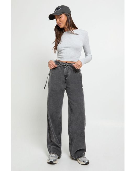 Boohoo Black Elasticated Wide Leg Tie Waist Jean