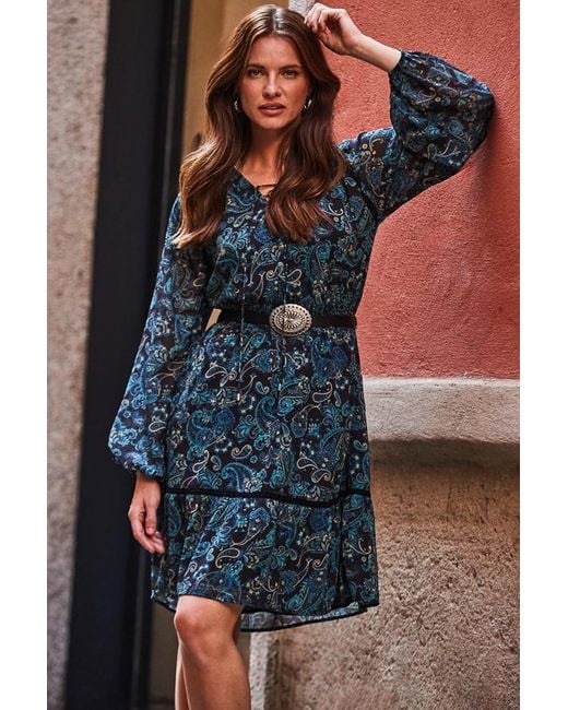 Sosandar Blue Paisley Print Fit & Flare Dress