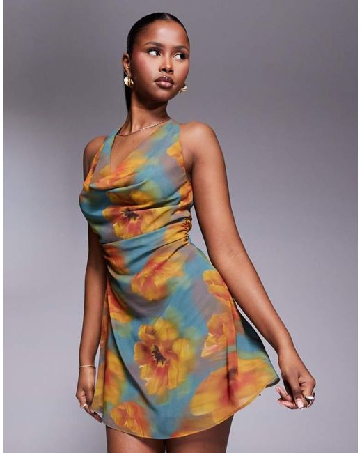 ASOS Gray Cowl Neck Chiffon Mini Dress