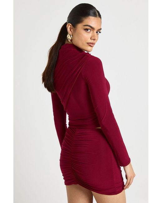 Boohoo Red Double Layer Slinky Drape Front Trim Mini Skirt