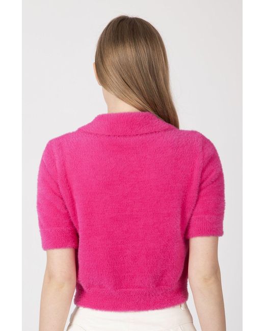 Hiccup Pink Shirt Collar Buttoned Short Sleeve Fluffy Sweater