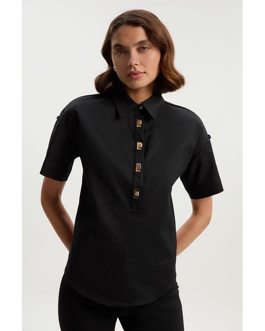 Karen Millen Black Techno Cotton Woven Short Sleeve Hardwear Detail Shirt