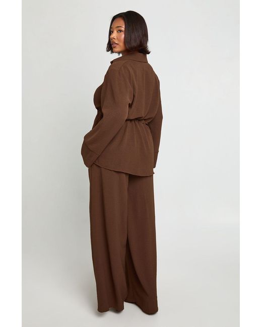 Boohoo Brown Plus Woven Tie Waist Shirt & Trouser Co Ord