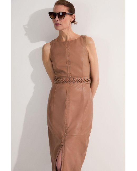 Karen Millen Natural Leather Eyelet And Lace Trim Detail Sleeveless Midi Pencil Dress