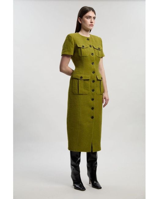 Karen Millen Green Textured Tweed Tailored Pocket Front Short Sleeve Midi Dress
