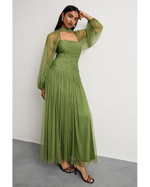 Warehouse Green Bow Detail Gathered Tulle Maxi Dress With Open Neck