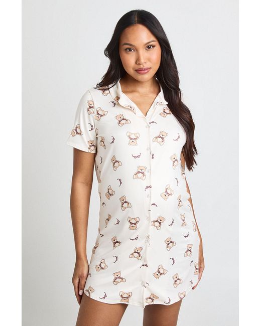 Boohoo White Maternity Bear Bow Print Button Through Collar Nightie