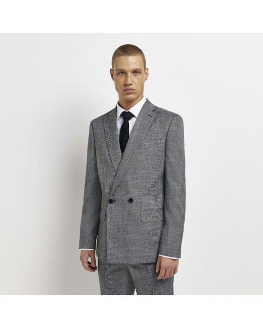 River Island Gray Blazer Grey Slim Fit Double Breasted Suit for men