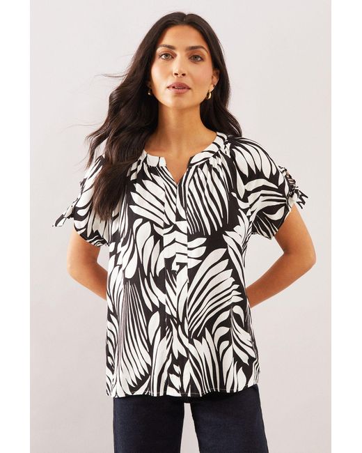 Wallis Black Abstract Tie Sleeve Collarless Top