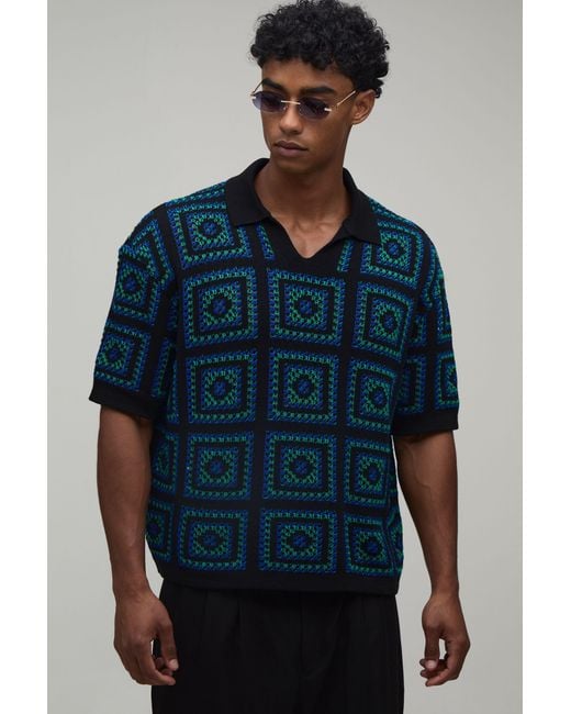 BoohooMAN Blue Oversized Boxy Crochet Tapestry Knitted Polo for men