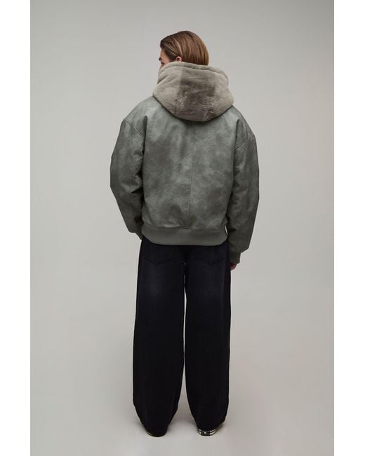 BoohooMAN Gray Oversized Reversible Faux Fur & Pu Hooded Bomber Jacket for men
