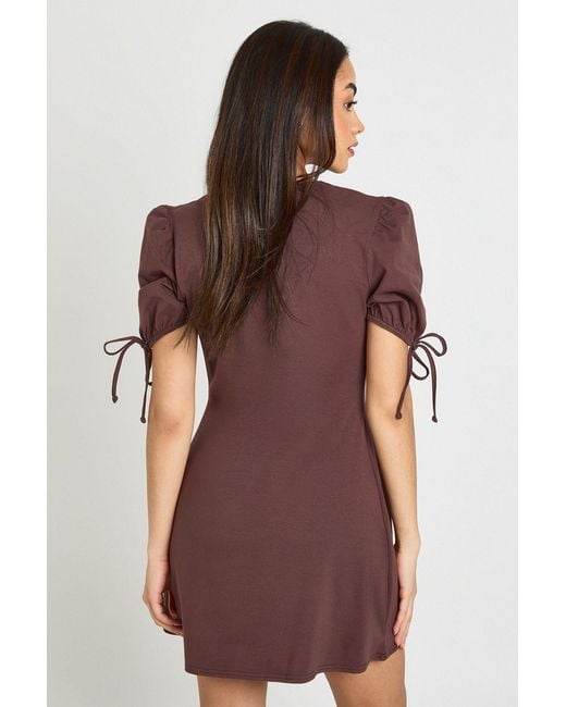 Boohoo Brown Cotton Tie Cuff Tshirt Dress