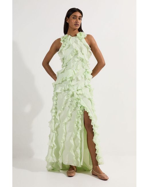 Karen Millen Green Embellished Ruffle Woven Maxi Dress