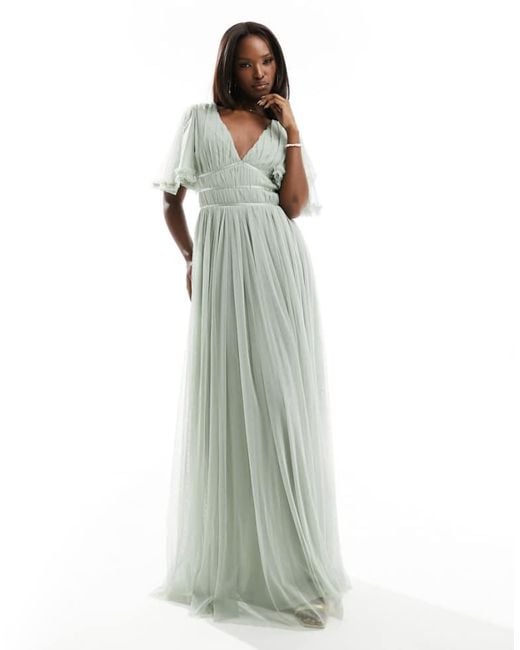 Beauut Green Bridesmaid Tulle Maxi Dress With Flutter Sleeve