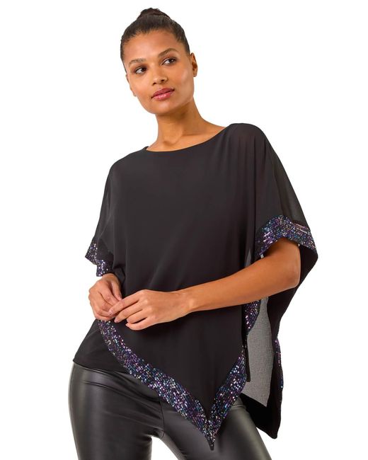 Roman Black Sequin Hem Overlay Stretch Top