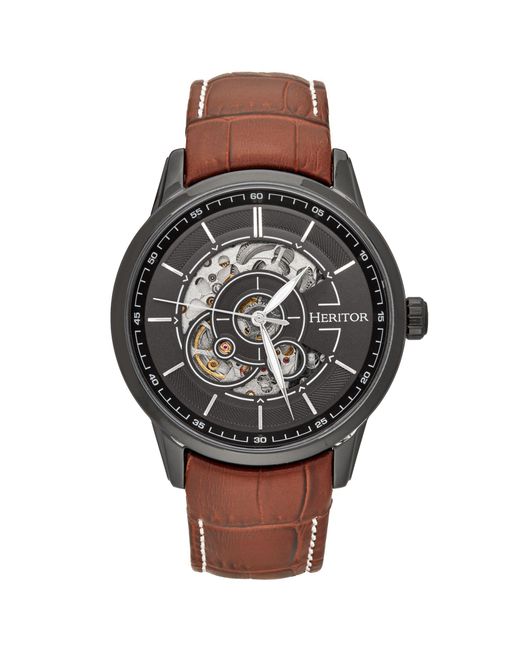 Heritor Black Davies Semi-Skeleton Leather-Band Watch for men