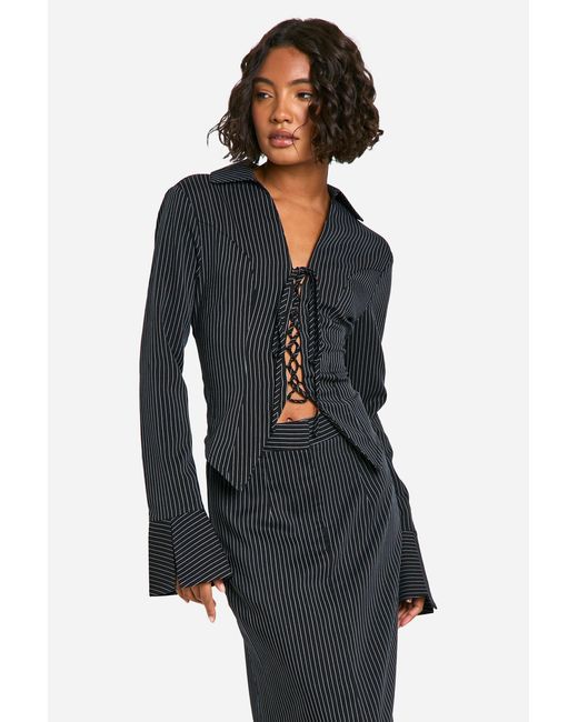 Boohoo Black Tall Pinstripe Lace Up Tailored Shirt