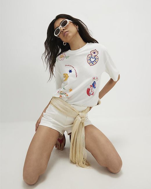 River Island White T-Shirt Cotton Embellished Quirky Boxy