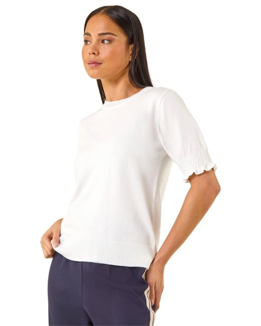 Roman White Petite Shirred Sleeve Knit Top