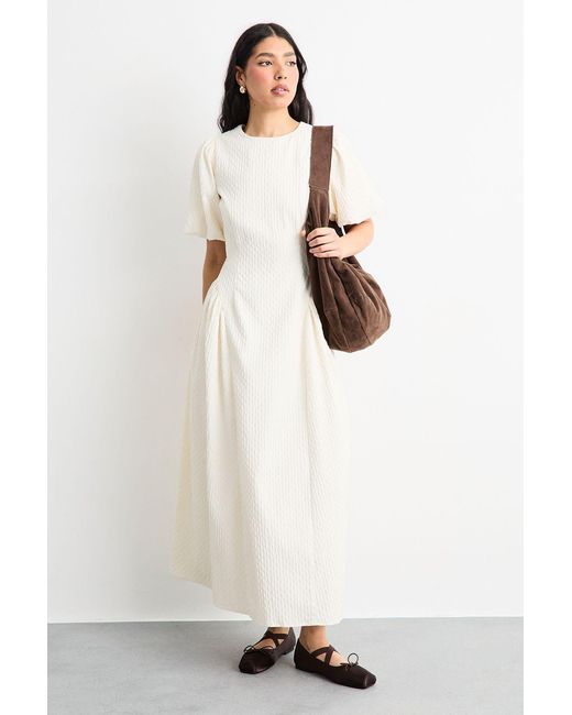Warehouse White Textured Godet Side Puff Sleeve Midi Dress